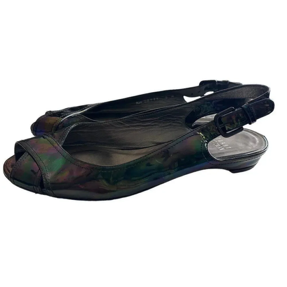 Stuart Weitzman Patent Leather Sling Back Flats Women's 8 Black‎ Petrol Patent